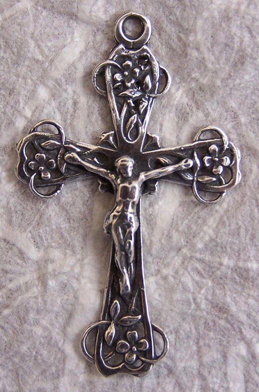 Flowers Crucifix 1 3/4" - SSCR1229 - Sterling Silver